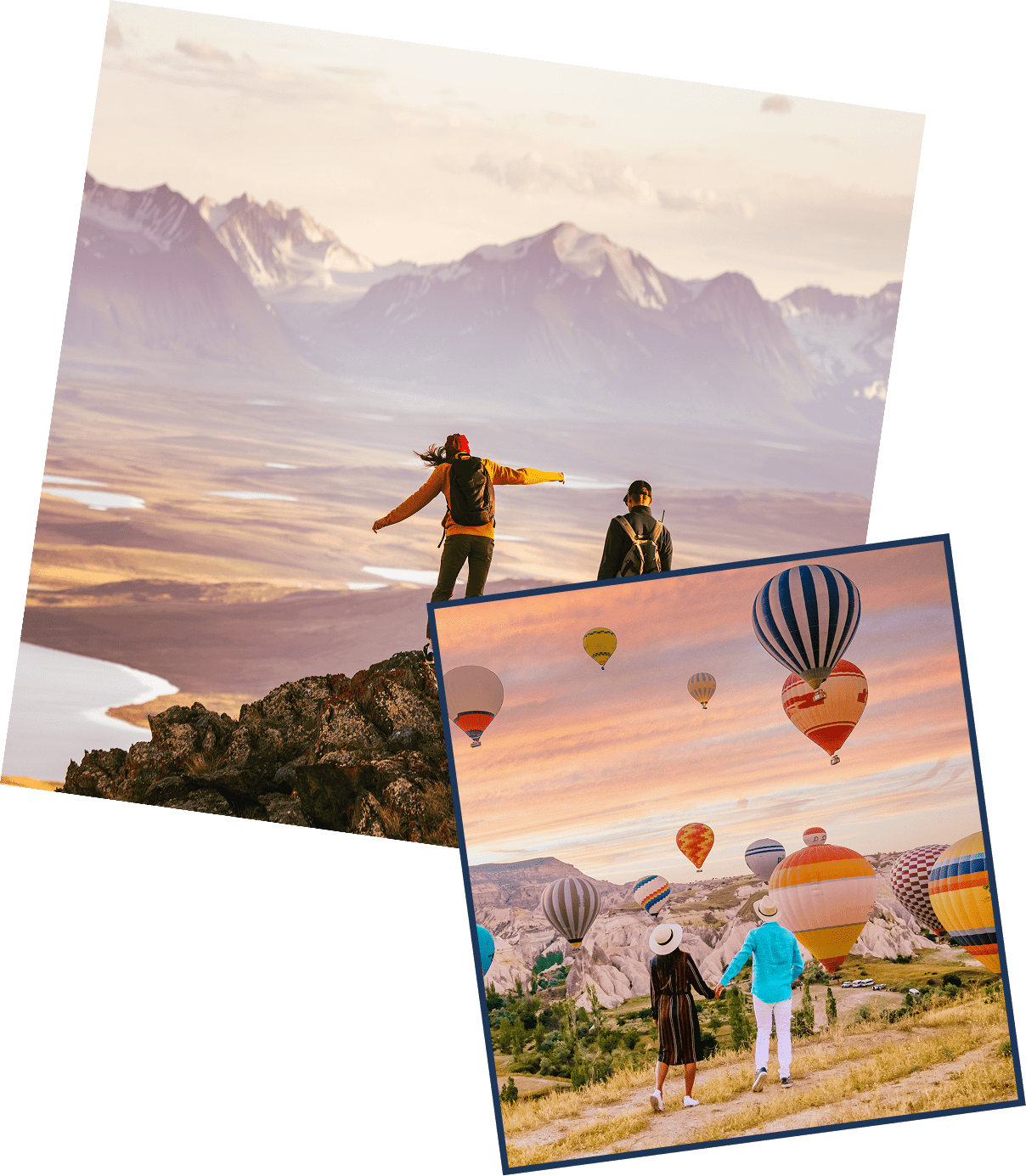 Travelers enjoying adventure hiking and a hot air balloon experience at sunrise.