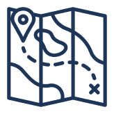 Icon of a folded map with location markers and a dotted path.